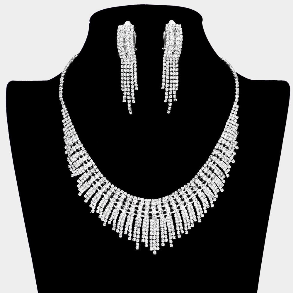Silver Fringe Rhinestone Crystal Necklace Set Clip Earrings Formal Bling Jewelry